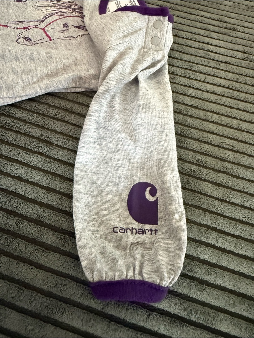 Carhartt Purple Corduroy Overalls with Gray Horse Bodysuit - Picture 6 of 13